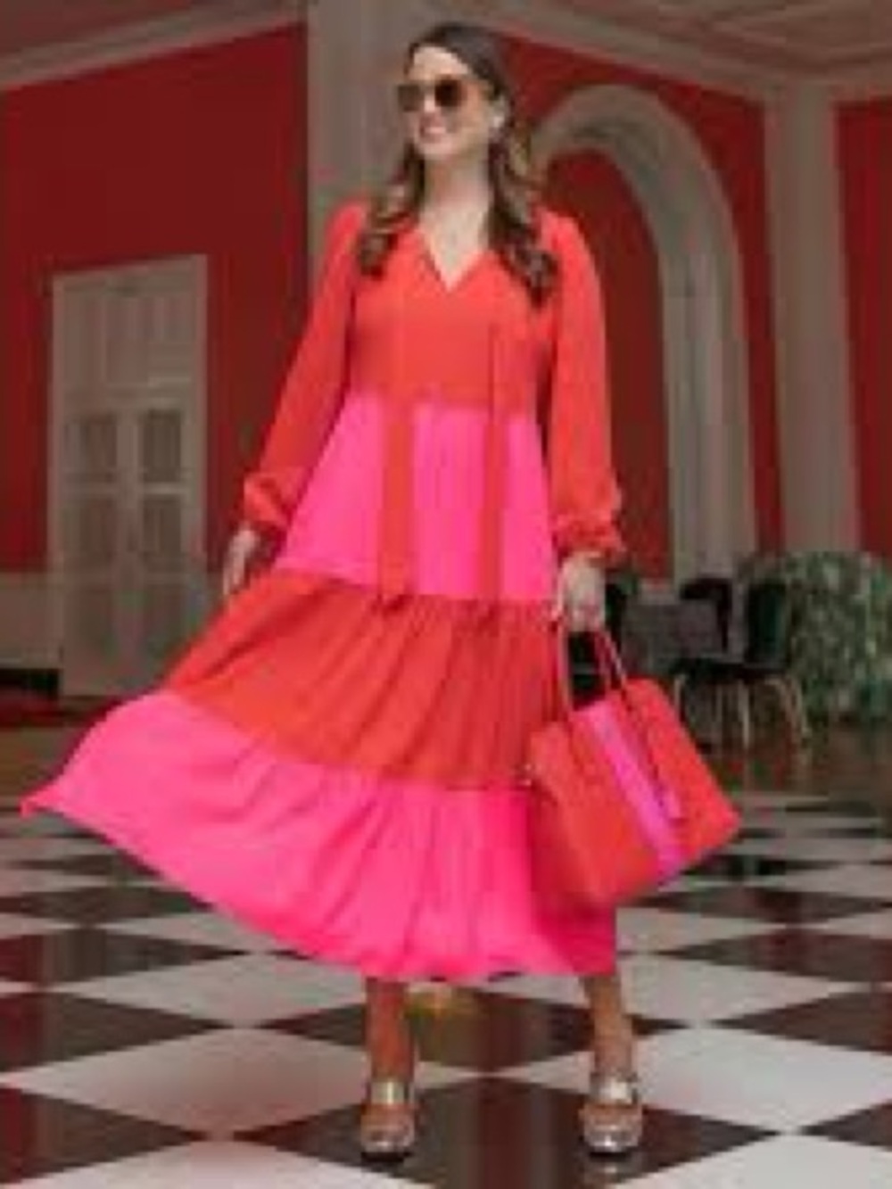 Sail to Sable tiered colorblock red & pink longsleeve Bow neckline maxi dress M
